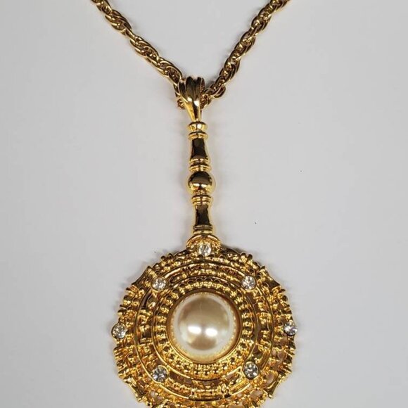 Vintage Statement Park Lane Faux Pearl Rhinestones Pendulum Pendant Necklace - Picture 7 of 10
